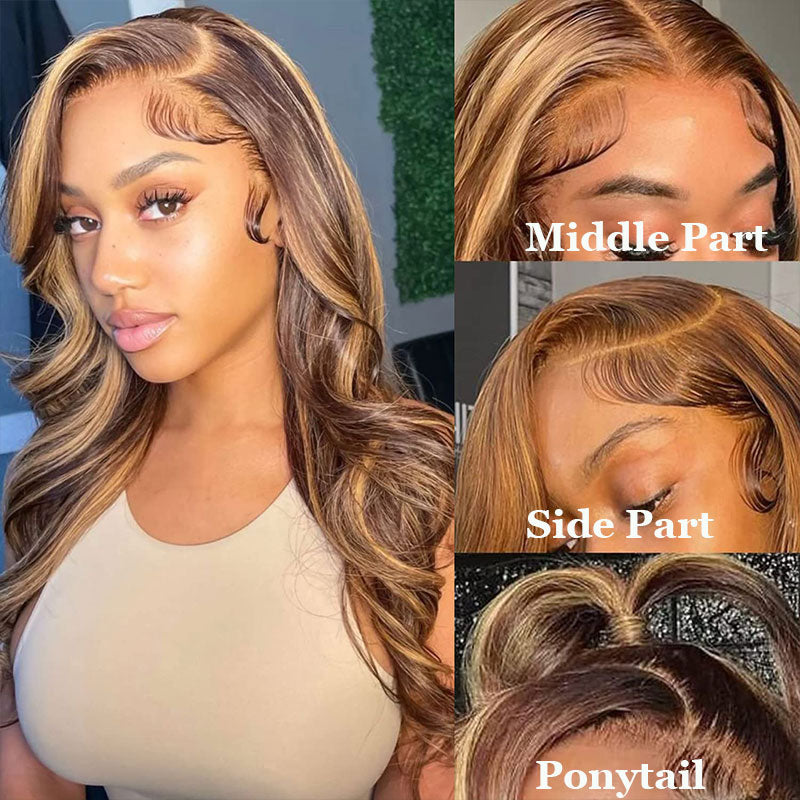 Klaiyi Ombre Honey Blonde Highlight 4x4 Lace Closure Wig 13x4 Lace Front Body Wave Wig Flash Sale