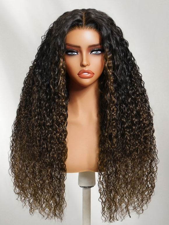 Klaiyi 7x5 No-Slip Glueless Ombre Chestnut Brown Water Wave & Curly Human Hair Wig