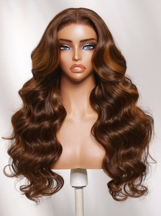 Klaiyi 7x5 No-Slip Glueless Copper Auburn Highlights On Rich Chocolate Brown Body Wave Human Hair Wig Put On & Go with Invisi Drawstring