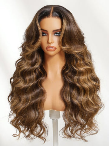 Klaiyi 7x5 No-Slip Glueless Chocolate Brown with Golden Brown Highlights Body Wave Human Hair Wig Put On & Go with Invisi Drawstring