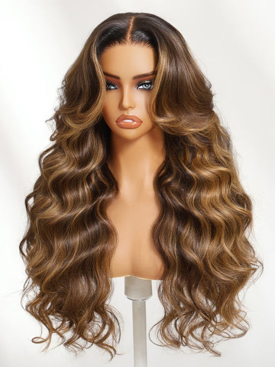 Klaiyi 7x5 No-Slip Glueless Chocolate Brown with Golden Brown Highlights Body Wave Human Hair Wig Put On & Go with Invisi Drawstring