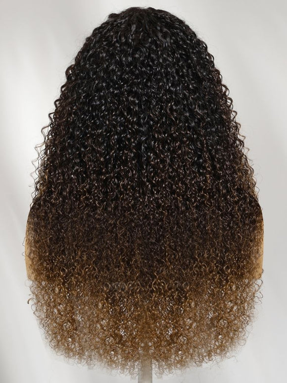 Klaiyi 7x5 No-Slip Glueless Dark Brown to Honey Caramel Ombre with Natural Shadow Root Finger Coil Defined Curls Put On And Go Human Hair Wig