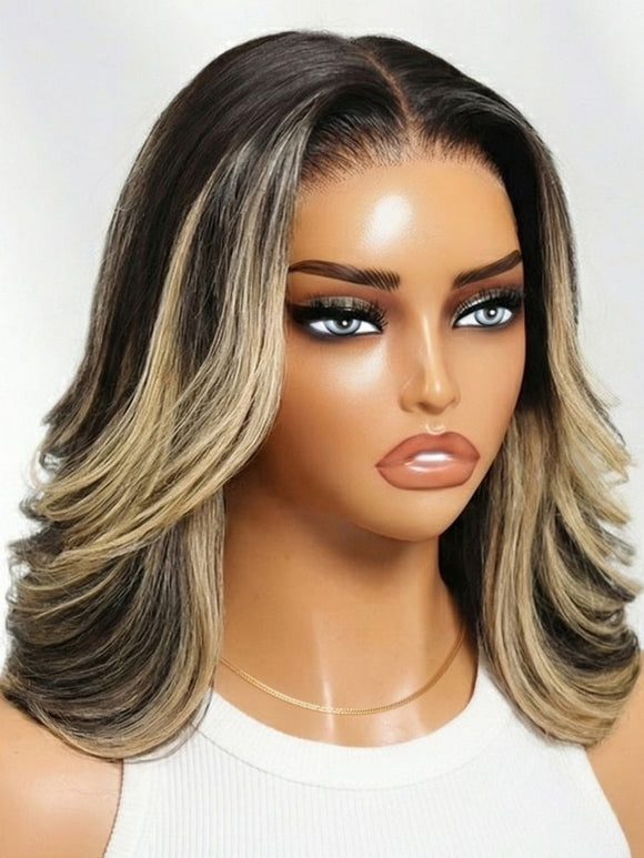 Perruque Klaiyi Balayage Brun Français 13×4, coupe au carré souple mi-longue, avec lace frontale et cordon de serrage invisible. Facile à poser.