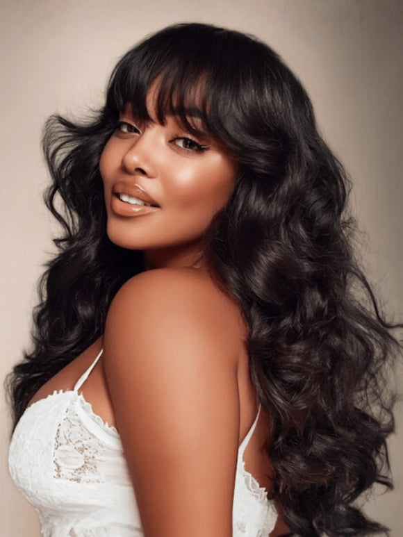 Extra 50% Off Code HALF50  |Klaiyi 13x4 3D Fluffy Body Wave Lace Frontal Wig with Curtain Bangs Face Framing Style Put on and go Glueless Wigs