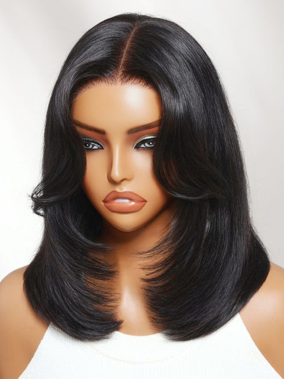 Klaiyi 7x5 No-Slip Glueless Lace Wig 90s Blowout Layered Bob with Curtain Bangs & Face-Framing Layers Human Hair Wig