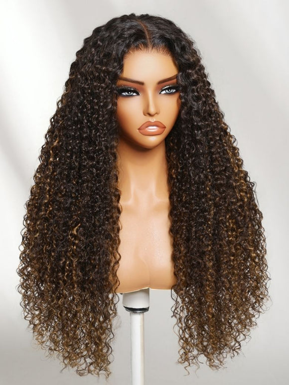 Klaiyi 13x4 Glueless Lace Front Dark Brown Curly Human Hair Wig with Caramel Highlights Put On & Go Invisi Drawstring
