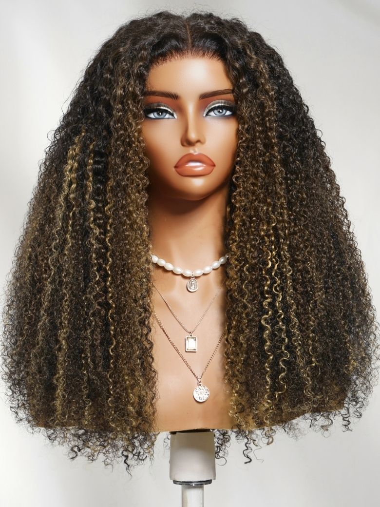 Klaiyi Honey Blonde & Caramel Highlights on Black Natural Curly Wig 7x5 Glueless Lace Front Human Hair Wig with Invisi Drawstring Flash Sale