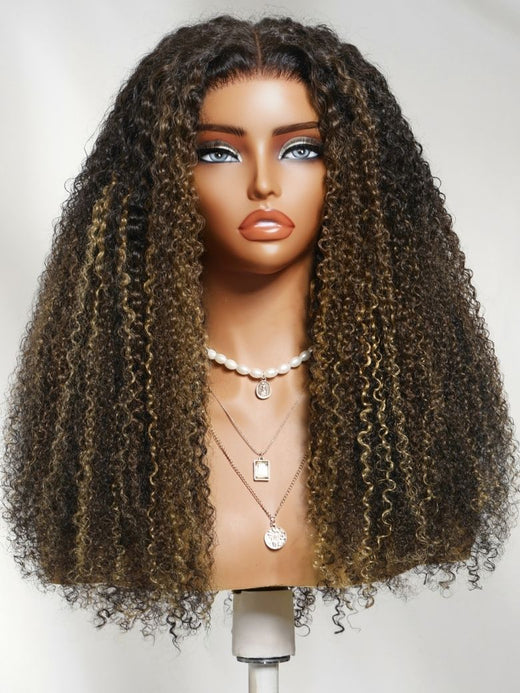 Klaiyi Honey Blonde & Caramel Highlights on Black Natural Curly Wig 7x5 Glueless Lace Front Human Hair Wig with Invisi Drawstring Flash Sale