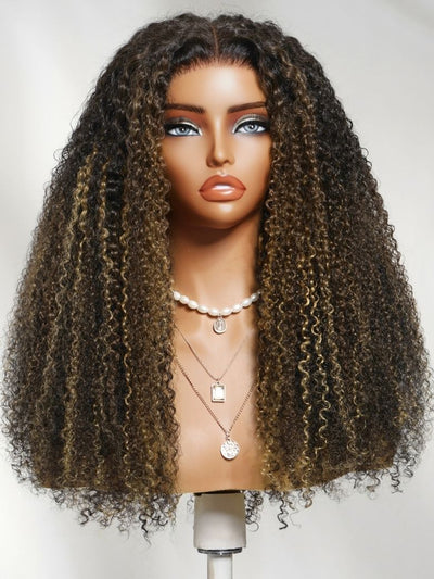 Klaiyi Honey Blonde & Caramel Highlights on Black Natural Curly Wig 7x5 Glueless Lace Front Human Hair Wig with Invisi Drawstring Flash Sale