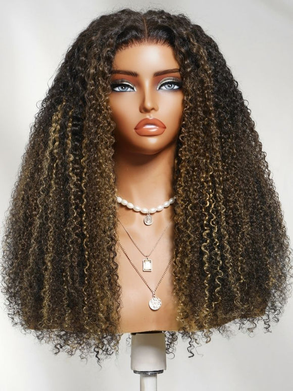 Klaiyi Honey Blonde & Caramel Highlights on Black Natural Curly Wig 7x5 Glueless Lace Front Human Hair Wig with Invisi Drawstring Flash Sale