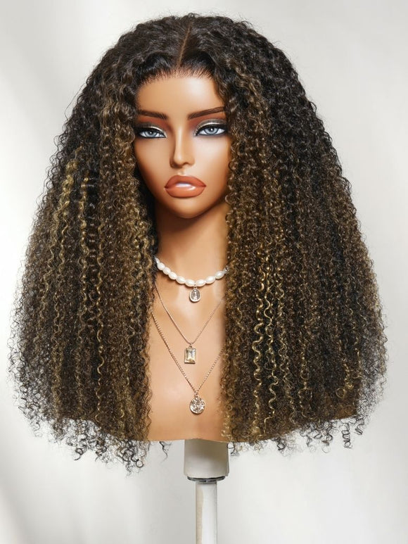 Klaiyi Honey Blonde & Caramel Highlights on Black Natural Curly Wig 7x5 Glueless Lace Front Human Hair Wig with Invisi Drawstring Flash Sale