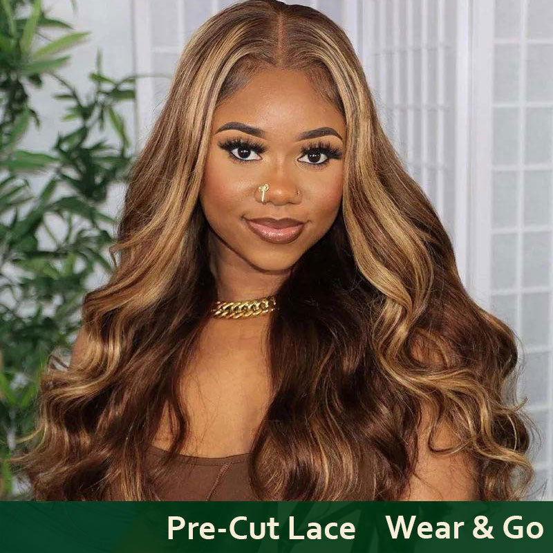 Buy 1 Get 1 Free,Code:BOGO | Klaiyi Pre-Cut Glueless Wig Put On and Go Highlight Blonde Body Wave Wig Human Hair