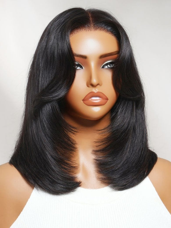 Klaiyi 7x5 No-Slip Glueless Lace Wig 90s Blowout Layered Bob with Curtain Bangs & Face-Framing Layers Human Hair Wig