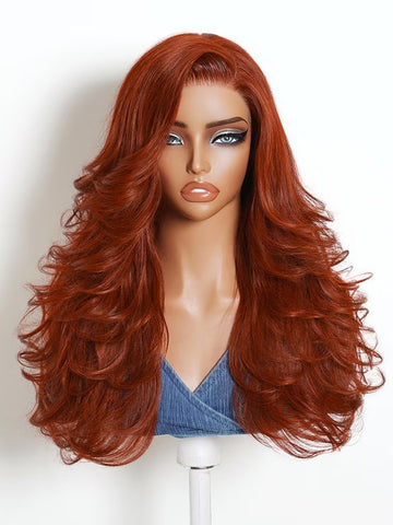 Klaiyi Dark Copper Auburn 7x5 No-Slip Glueless Lace Closure Wig with Feathered Layers Loose Wave Human Hair