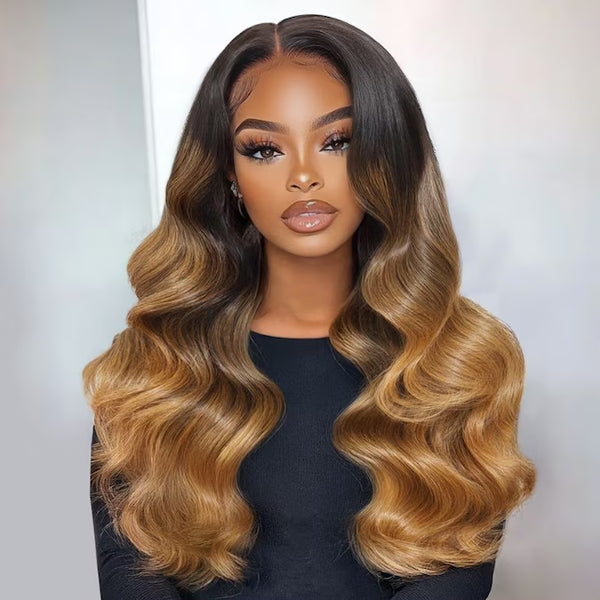 Klaiyi 13x4 Pre-Everything Black to Caramel Blonde Ombre Loose Wave Lace Frontal Human Hair Wig