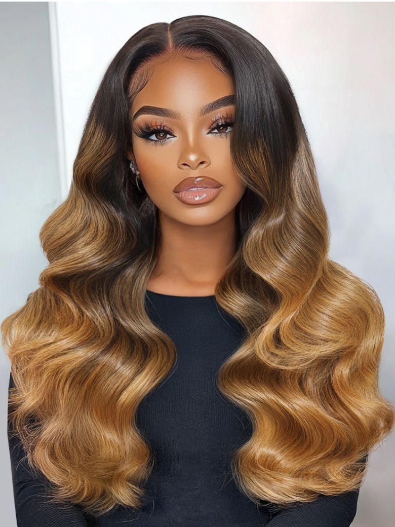 Klaiyi 13x4 Pre-Everything Black to Caramel Blonde Ombre Loose Wave Lace Frontal Human Hair Wig