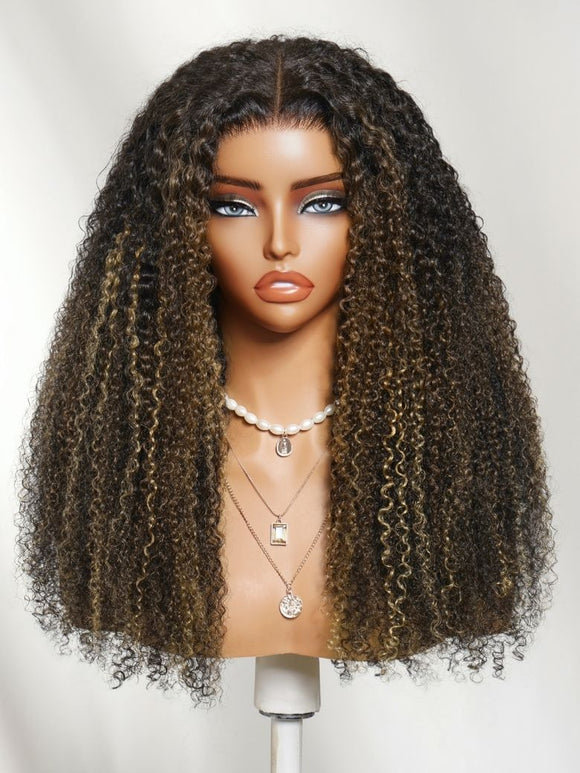 Klaiyi Honey Blonde & Caramel Highlights on Black Natural Curly Wig 7x5 Glueless Lace Front Human Hair Wig with Invisi Drawstring Flash Sale