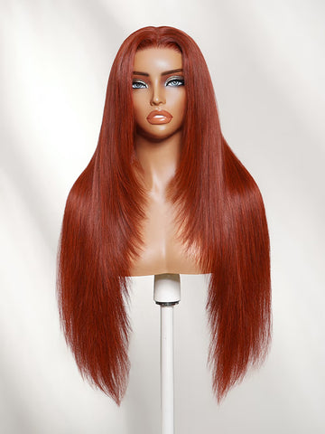 Klaiyi 7x5 No-Slip Glueless Lace Wig Copper Brown Silk Straight Human Hair Wig with Face-Framing Layers