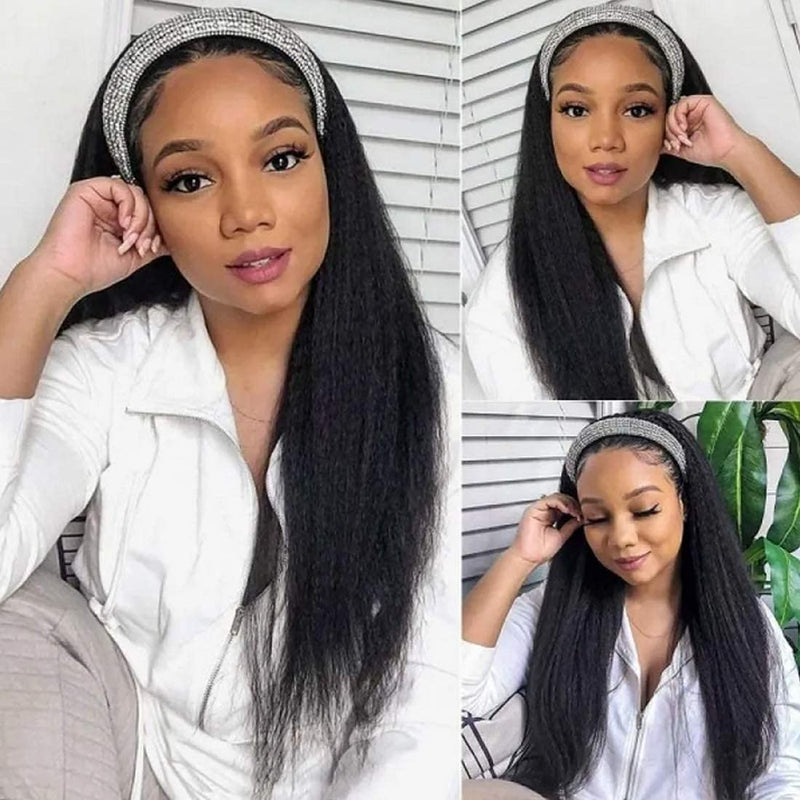 Put On and Go Style Flash Sale | Klaiyi Glueless Yaki Straight 3/4 Half Wigs Human Hair No Lace Glueless Headband Wig Beginner Friendly