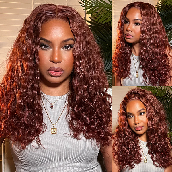 Klaiyi Auburn Hair Color Water Wave Wear Go Pre-cut Lace Closure Reddish Brown Color Wigs Flash Sale
