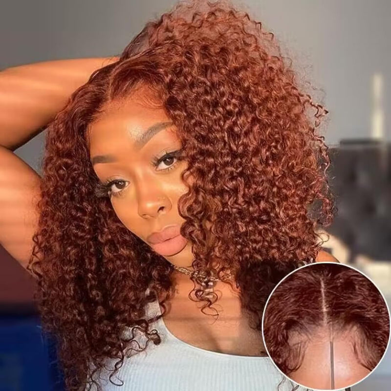 Klaiyi Swiss Lace Wig Reddish Brown Put On and Go Color Jerry Curly Flash Sale Bleach Knots