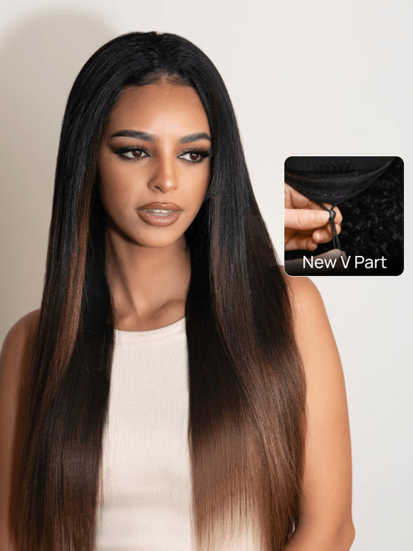 Extra 50% Off Code HALF50 |Klaiyi Ombre Chestnut Brown Yaki Straight EasiContour V Part Wigs Human Hair No Glue Protective Style Wig