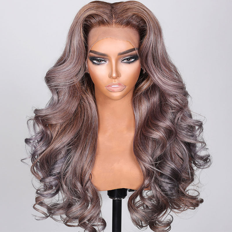 Klaiyi 13*4 Brown Roots with Punky Gray Highlights Skunk Strip Hair Body Wave  Wigs Flash Sale