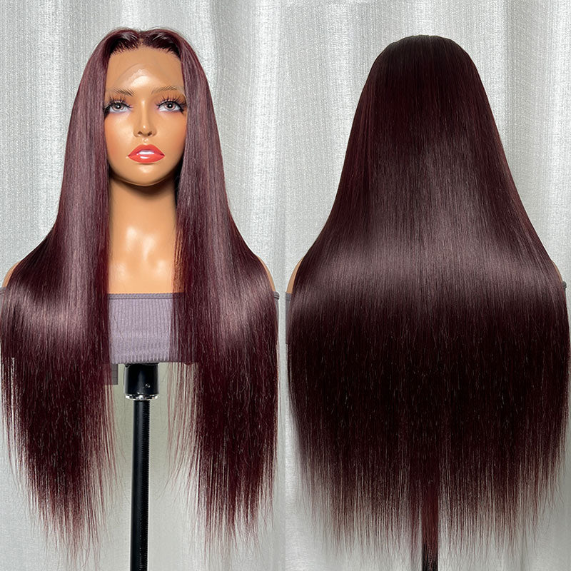 Extra 60% OFF | Klaiyi Dark Burgundy Color Straight Lace Front Wig Pre-Plucked