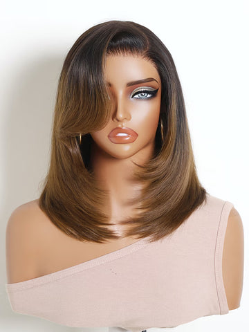 Flash Sale Klaiyi 7x5 Glueless Lace Closure Caramel Brown Ombre Sleek Face Framing Bob Wig With Side Swept Bangs