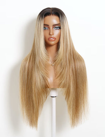 Klaiyi 13x4 Pre-Everything Lace Frontal Wig Honey Blonde Highlights Silky Straight Human Hair Wig with Soft Face-Framing Layers