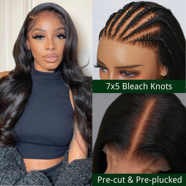 Klaiyi Glueless Wig Body Wave Pre Cut Lace Wigs  7x5 Bye Bye Knots Invisible Knots Wigs