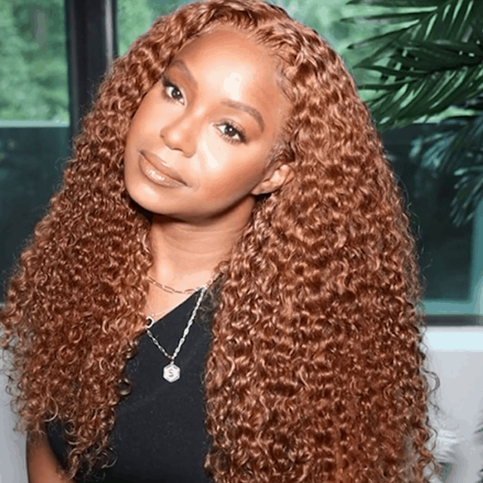 Klaiyi 150% Density Medium Auburn Brown Colored Jerry Curly Lace Front Ginger Color Wigs Flash Sale