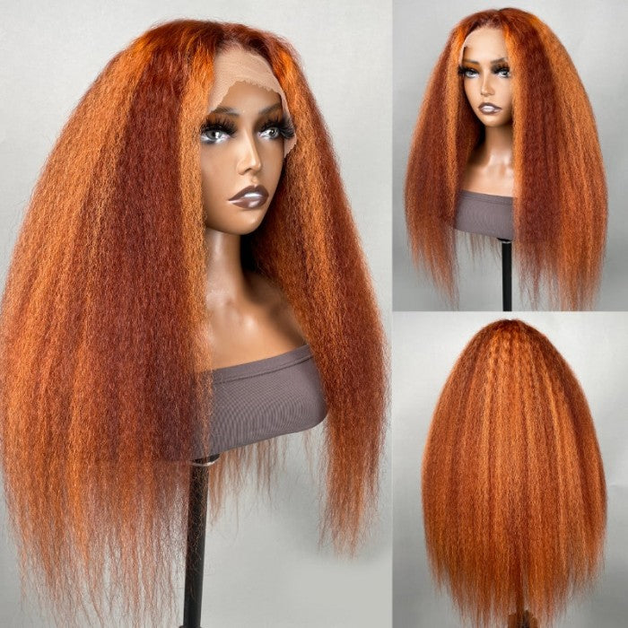$100 OFF| Code: SAVE100  Klaiyi Ombre Ginger Highlights Kinky Straight Lace Frontal Wig Human Hair Flash Sale