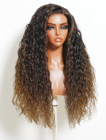 Klaiyi 13x4 Pre-Everything Lace Frontal Black to Chestnut Brown Ombre Loose Water Wave Human Hair Wig