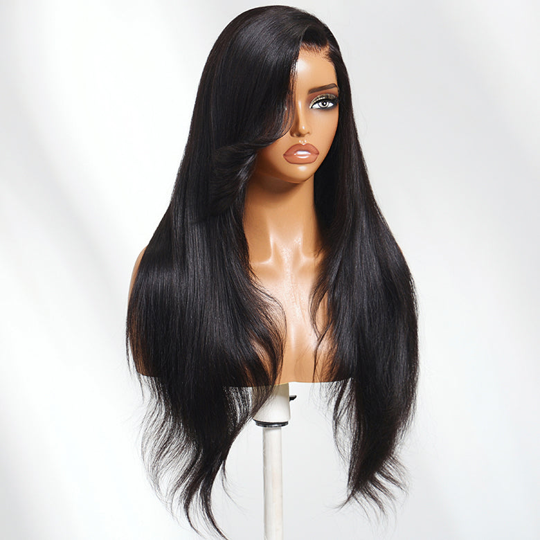 Klaiyi 13x4 Pre-Everything Long Sleek Side Part Straight Wig with Layered Curtain Bangs Put on and Go Glueless Lace Front Wig