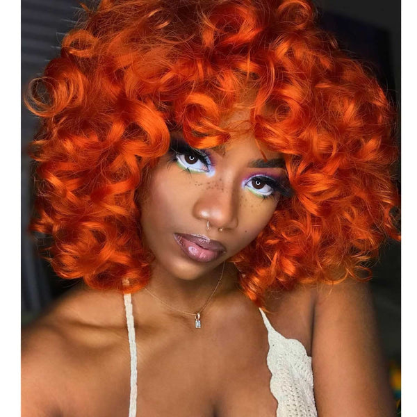 Low to $39 Deal | Klaiyi Afro Short Curly Wig with Bangs Fullness Bouncy Rose Curls Flash Sale Ginger Orange/613 Blonde Color