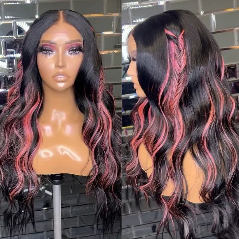 Klaiyi Natural Black Body Wave With Pink Highlights Pink Striped Human Hair Wigs