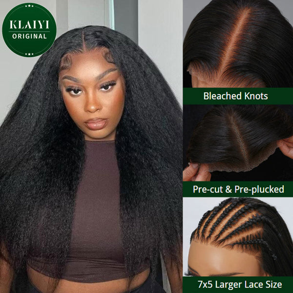 Extra 70% OFF | Klaiyi 7x5 Bleached Knots Put On and Go Glueless Lace Wigs 4C Kinky Straight Human Hair