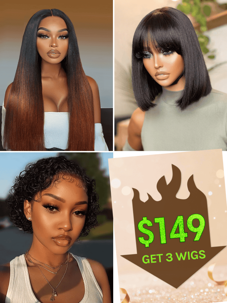 $149 Get 3 Wigs | Klaiyi Ombre Reddish Brown with Dark Roots Vpart Yaki Straight + Glueless Bob Wig With Bangs + Short Pixie Cut Lace Front Bob Wigs Flash Sale
