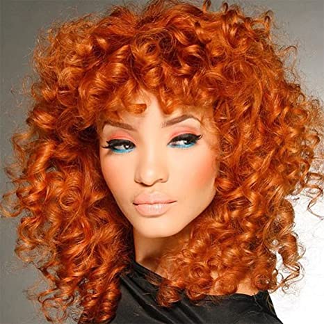 Klaiyi Ginger Orange Color Afro Short Curly Wig with Bangs Fullness Bouncy Rose Curls Replacement Wig Flash Sale