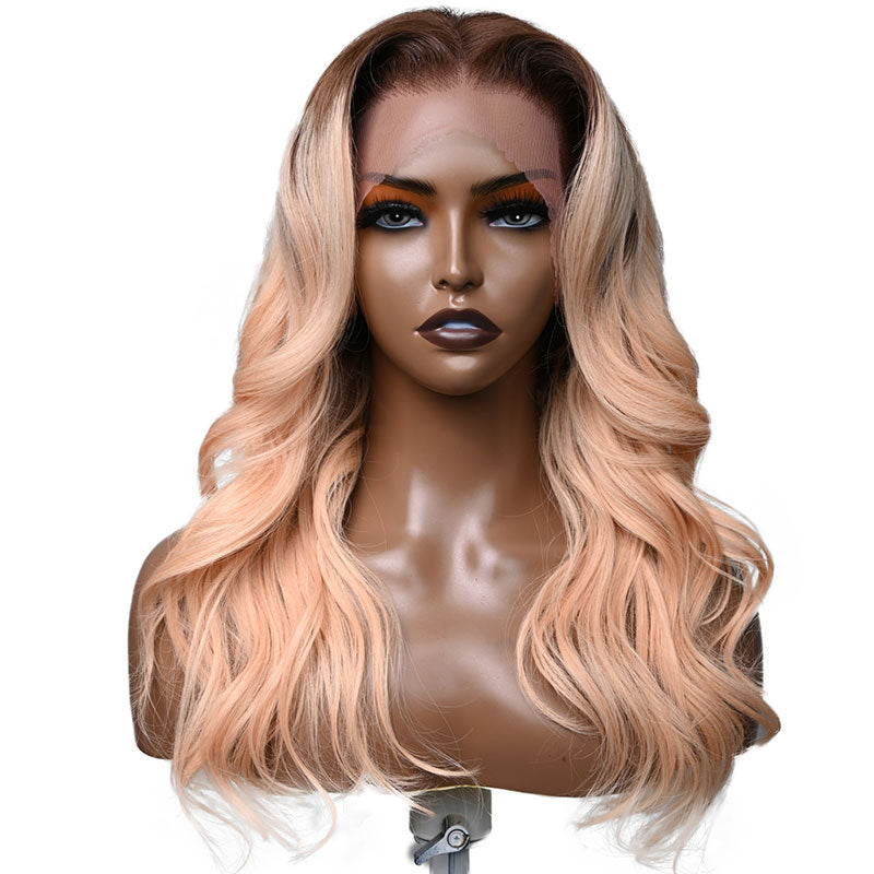 Klaiyi Champagne Rose 13*4Front Body Wave Human Hair with Brown Roots Melon Color Hair Flash Sale