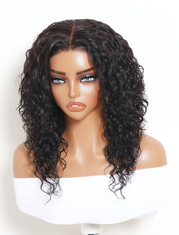 Klaiyi 7x5 No Slip Glueless Lace Closure Wig Natural Black Water Wave Wolf Cut Wig With Face-Framing Layers