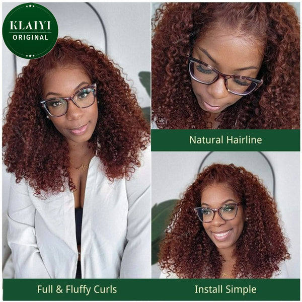 Klaiyi Hair Pre-Cut Lace Wig Wear And Go Wigs Reddish Brown Jerry Curly Lace Closure Wig with Breathable Cap Beginner Wig 146$