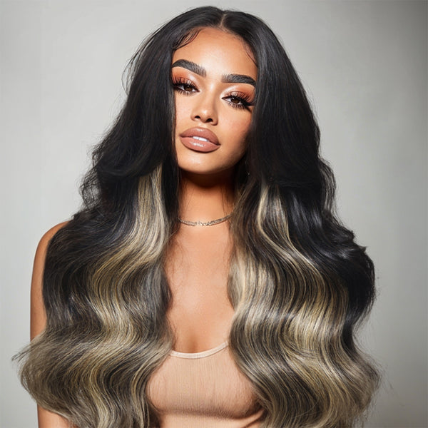 Klaiyi 1B/Gray Blonde Highlights 7x5 Bye Bye Knots Loose Wave Wig Put on and Go Glueless Wig