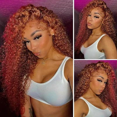 Klaiyi 180% Density Medium Auburn Brown Colored Jerry Curly Lace Front Ginger Color Wigs Flash Sale