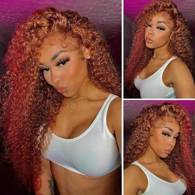 Klaiyi 150% Density Medium Auburn Brown Colored Jerry Curly Lace Front Ginger Color Wigs Flash Sale