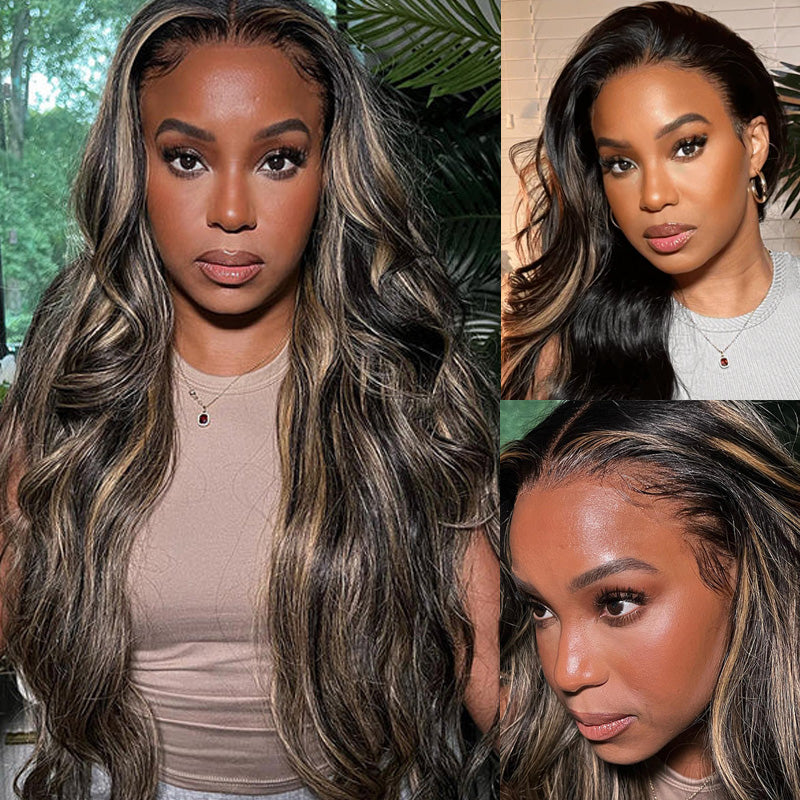 Klaiyi 13x4 Natural Color With Peek A Boo Blonde Highlights Lace Front Body Wave Wig