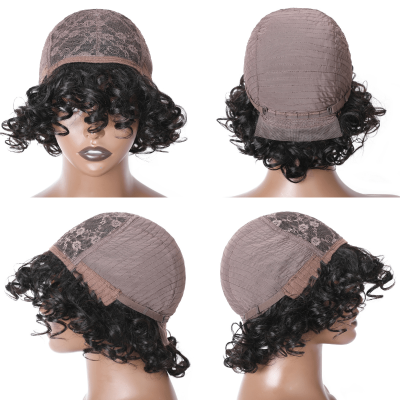 Buy 1 Get 1 Free,Code:BOGO | Klaiyi Bouncy Curls Short Human Hair Wigs with Bangs Glueless Pixie Cuts Wigs
