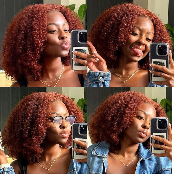 New User Exclusive | Klaiyi Auburn Brown Color 13x4 Glueless Lace Frontal Wig Kinky Curly Human Hair