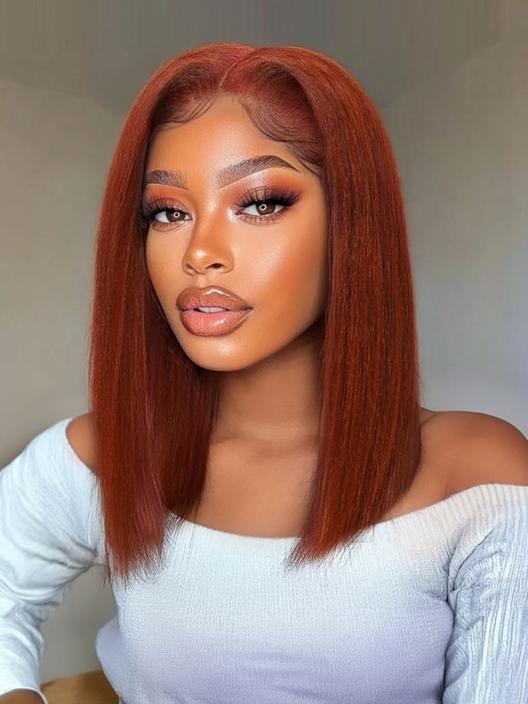 Klaiyi 7x5 Reddish Brown Yaki Straight Bob Wig Put On and Go Glueless Wig with Bleached Knots Flash Sale